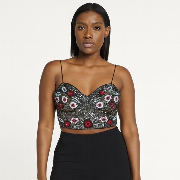 Guess Black Sequin Floral Crop Top - Picture 1 of 4
